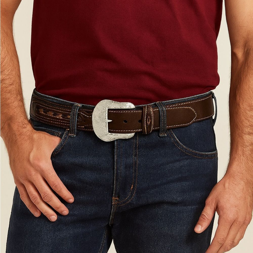 NOCONA MENS FABRIC INLAY AND CONCHOS LEATHER BELT